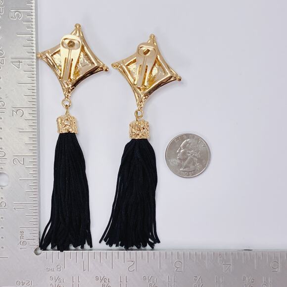 Vintage 1980s Gold Tone Red Glass Long Black Tassel Clip On Runway Earrings - Picture 12 of 12